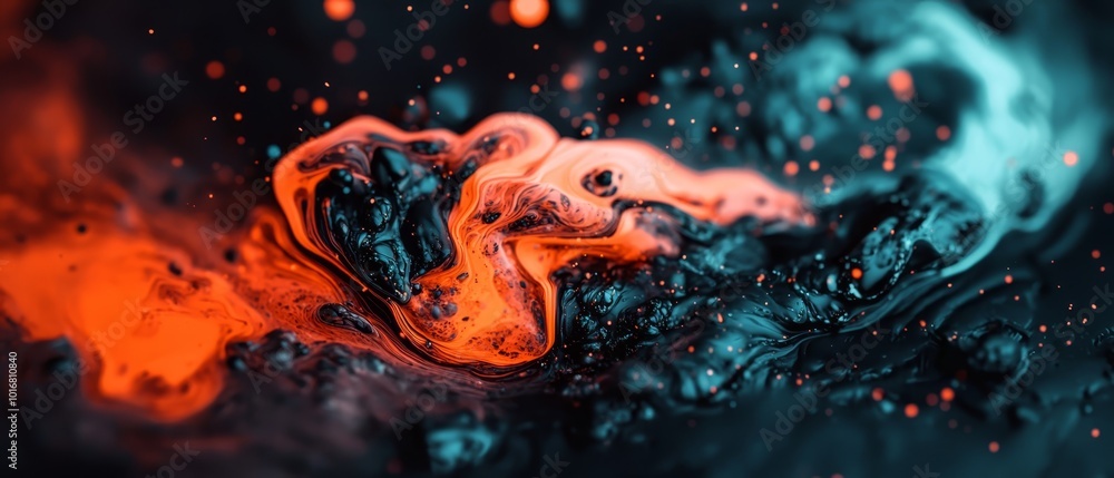 A tight shot of a black and orange mixture with a blue and red center A tight shot of a black and orange mixture with a blue and red center