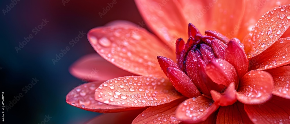 A red flower's close-up with water droplets on petals against a black backdrop A red flower's close-up with water droplets on petals against a black backdrop
