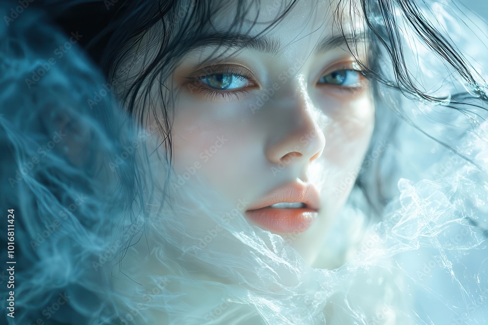 ethereal closeup of a ghostly female apparition softly shimmering in translucent layers radiating a mysterious otherworldly aura creating a hauntingly beautiful and surreal visual experience ethereal closeup of a ghostly female apparition softly shimmering in translucent layers radiating a mysterious otherworldly aura creating a hauntingly beautiful and surreal visual experience
