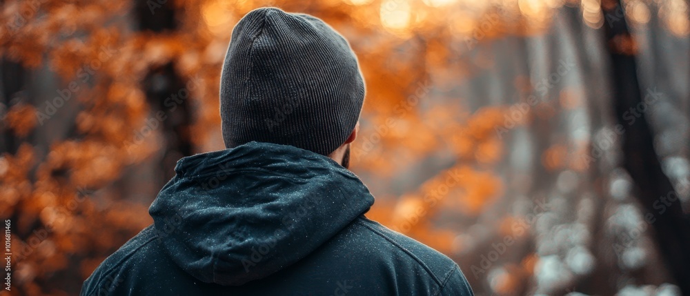 A man in a hooded jacket walks through the forest Sunlight filters through towering trees in the background A man in a hooded jacket walks through the forest Sunlight filters through towering trees in the background