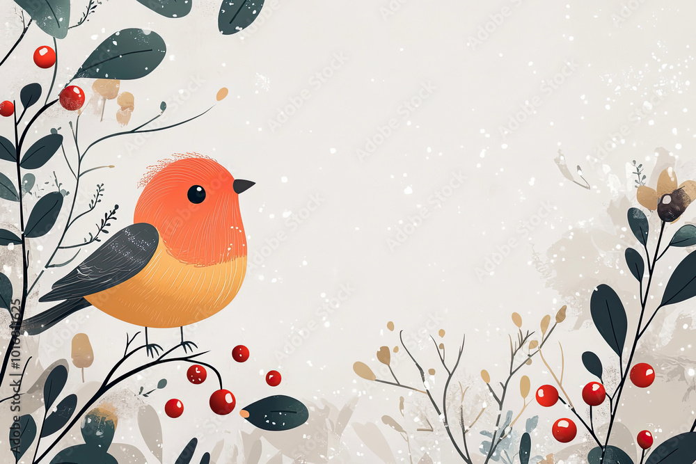 Cute robin perched on a branch with red berries in a snowy winter scene, surrounded by soft falling snowflakes Cute robin perched on a branch with red berries in a snowy winter scene, surrounded by soft falling snowflakes
