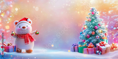 Adorable bear in a Santa hat holding Christmas ornaments next to a decorated tree and colorful gifts, set in a snowy, festive scene