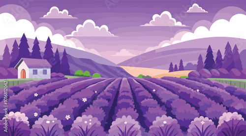 Lavender fields at sunset stunning purple landscape illustration