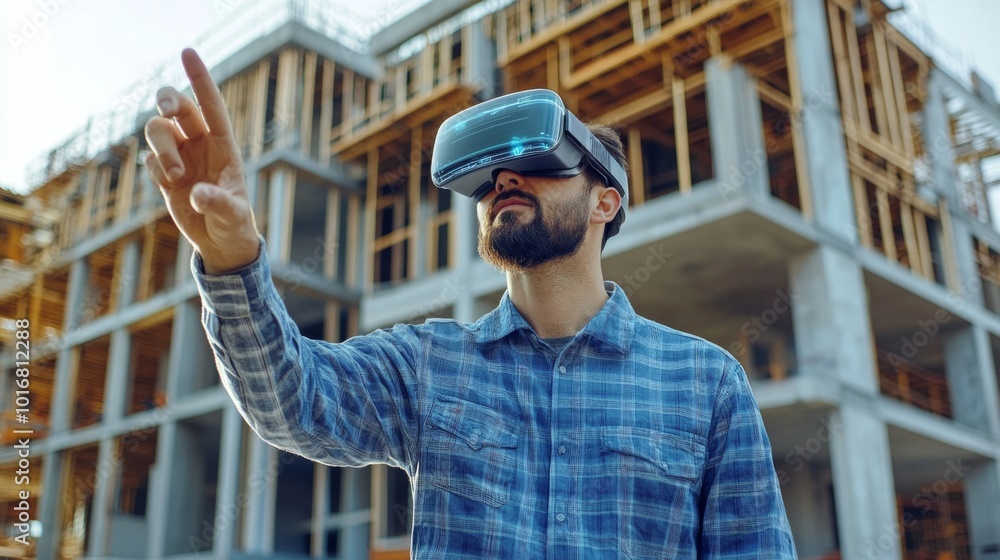 Futuristic Architectural Engineer Wearing Augmented Reality Headset and Using Gestures to Control Commercial Building Construction Site Futuristic Architectural Engineer Wearing Augmented Reality Headset and Using Gestures to Control Commercial Building Construction Site