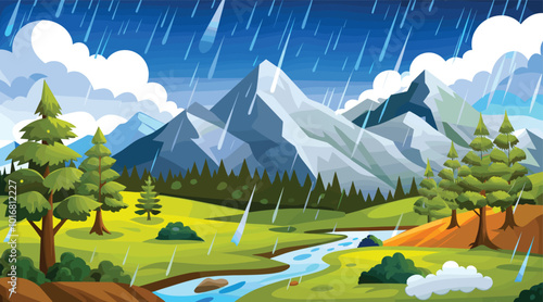 Colorful mountain landscape with rain and river stream illustrated