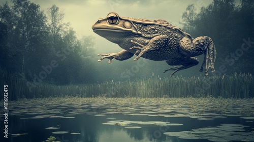 Floating frog hovering over water-filled basin surrounded by lilies and trees photo