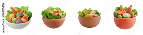 PNG 3d icons and object Fresh vegetables in colorful bowls, showcasing variety of healthy ingredients like carrots, broccoli, and tomatoes. Perfect for promoting healthy eating