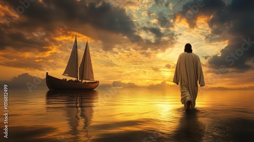 jesus christ walks purposefully towards a boat under an evening sky, illuminated by soft lighting, capturing a moment of faith and divine presence in a serene landscape photo