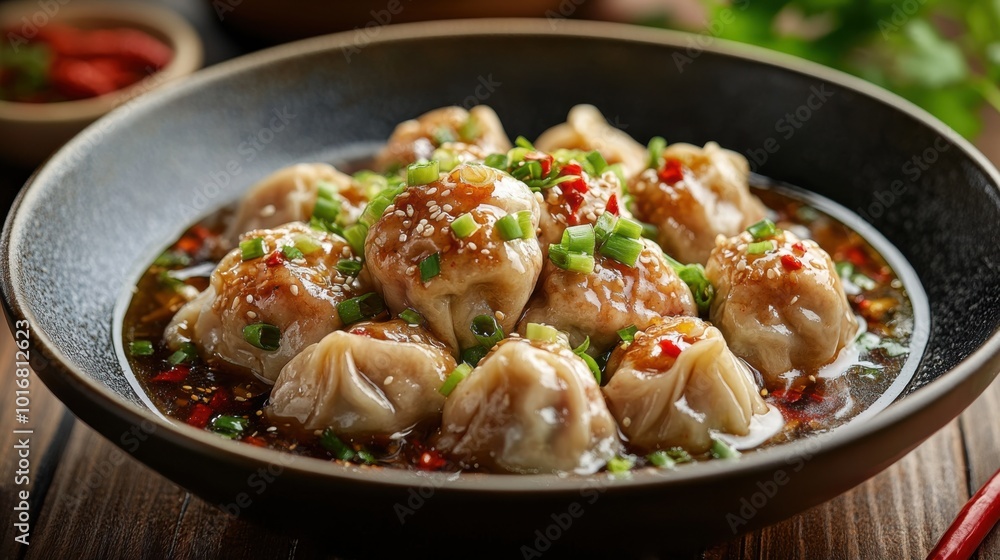 Steaming hot asian dumplings served in a spicy, flavorful sauce, garnished with fresh green onions and sesame seeds, ideal for food blogs, menus, and culinary designs. Steaming hot asian dumplings served in a spicy, flavorful sauce, garnished with fresh green onions and sesame seeds, ideal for food blogs, menus, and culinary designs.
