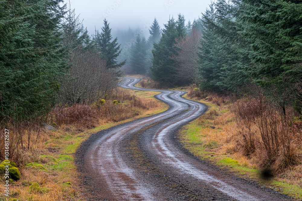 Gravel road is winding through a lush green forest and disappearing into the fog Gravel road is winding through a lush green forest and disappearing into the fog