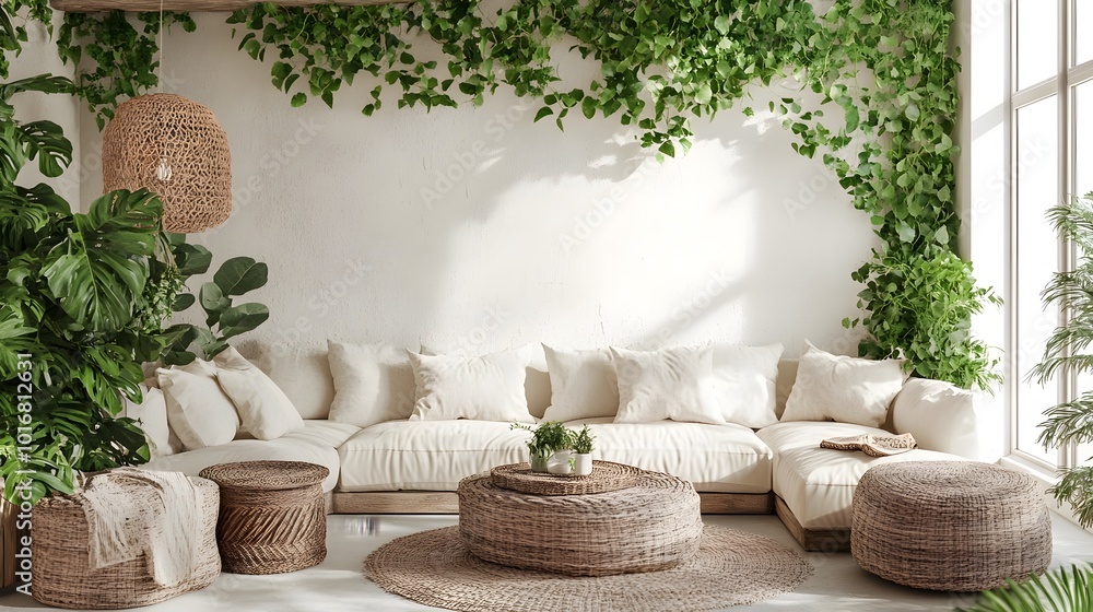 Lush verdant botanical backdrop with a variety of tropical plants and foliage complemented by warm rustic wooden furniture and textures creating a cozy and peaceful indoor setting Lush verdant botanical backdrop with a variety of tropical plants and foliage complemented by warm rustic wooden furniture and textures creating a cozy and peaceful indoor setting