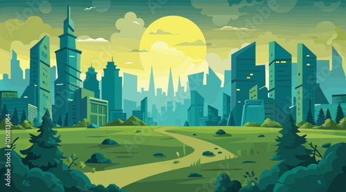 Futuristic cityscape with green spaces and skyline at sunset