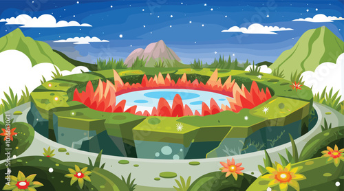Fantasy landscape with vibrant nature and mystical pool
