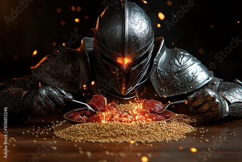 Fantasy artwork of a warrior eating an energizing feast of magical meats and enchanted grains, symbolizing strength and vitality from a mystical meal photo