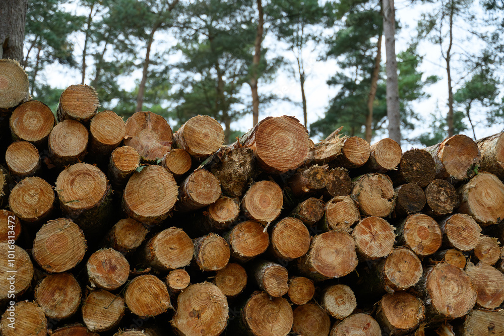 Freshly Cut and Stacked Logs in a Woodland: Natural Timber Pile in a Peaceful Forest Environment Freshly Cut and Stacked Logs in a Woodland: Natural Timber Pile in a Peaceful Forest Environment