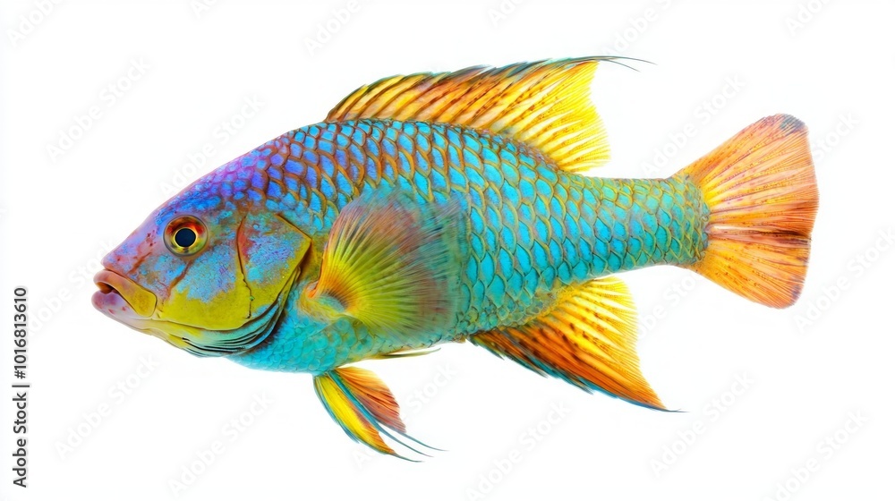 striking Parrotfish displays its vivid colors and intricate patterns while swimming in a clear environment highlighting its distinct shape and texture. striking Parrotfish displays its vivid colors and intricate patterns while swimming in a clear environment highlighting its distinct shape and texture.