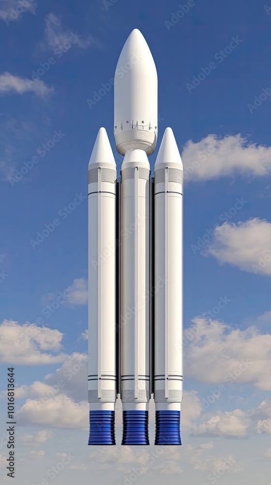 Three rockets launch into a clear sky, leaving trails of smoke and fire. The sunlight highlights their ascent against a backdrop of fluffy clouds and vibrant blue Three rockets launch into a clear sky, leaving trails of smoke and fire. The sunlight highlights their ascent against a backdrop of fluffy clouds and vibrant blue