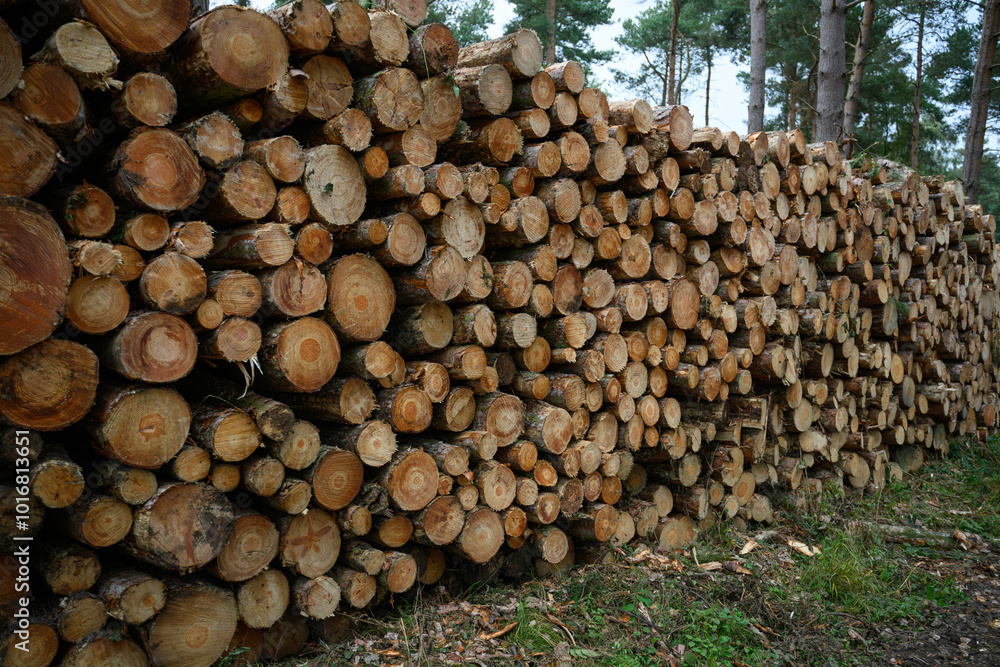 Pile of Cut Logs in a Forest: Stacked Timber Showing Sustainable Logging in a Wooded Area Pile of Cut Logs in a Forest: Stacked Timber Showing Sustainable Logging in a Wooded Area