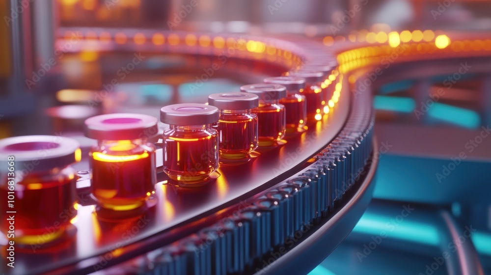 Drug industry factory with packaging rows of small bottles background wallpaper AI generated image Drug industry factory with packaging rows of small bottles background wallpaper AI generated image