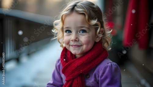 Young Caucasian girl child with blond hair in winter with snow falling