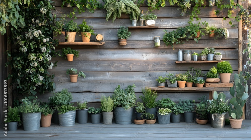 Rustic wooden backdrop adorned with a lush display of potted plants greenery and botanical accents creating a natural eco friendly ambiance perfect for outdoor or indoor events Rustic wooden backdrop adorned with a lush display of potted plants greenery and botanical accents creating a natural eco friendly ambiance perfect for outdoor or indoor events