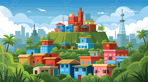 Vibrant hillside homes overlooking modern cityscape in colorful digital art