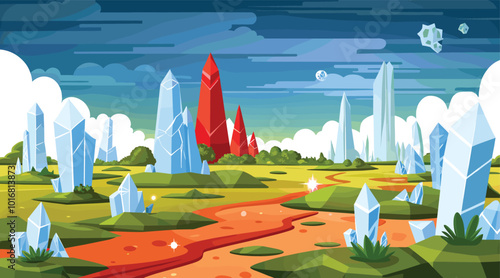 Fantasy crystal landscape with vibrant red and blue gemstones