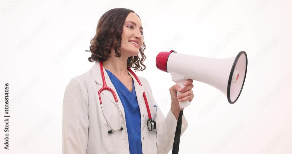 Smiling woman doctor holds megaphone speaking in hospital. Cheerful medic in uniform uses device to deliver vital information to patients Smiling woman doctor holds megaphone speaking in hospital. Cheerful medic in uniform uses device to deliver vital information to patients