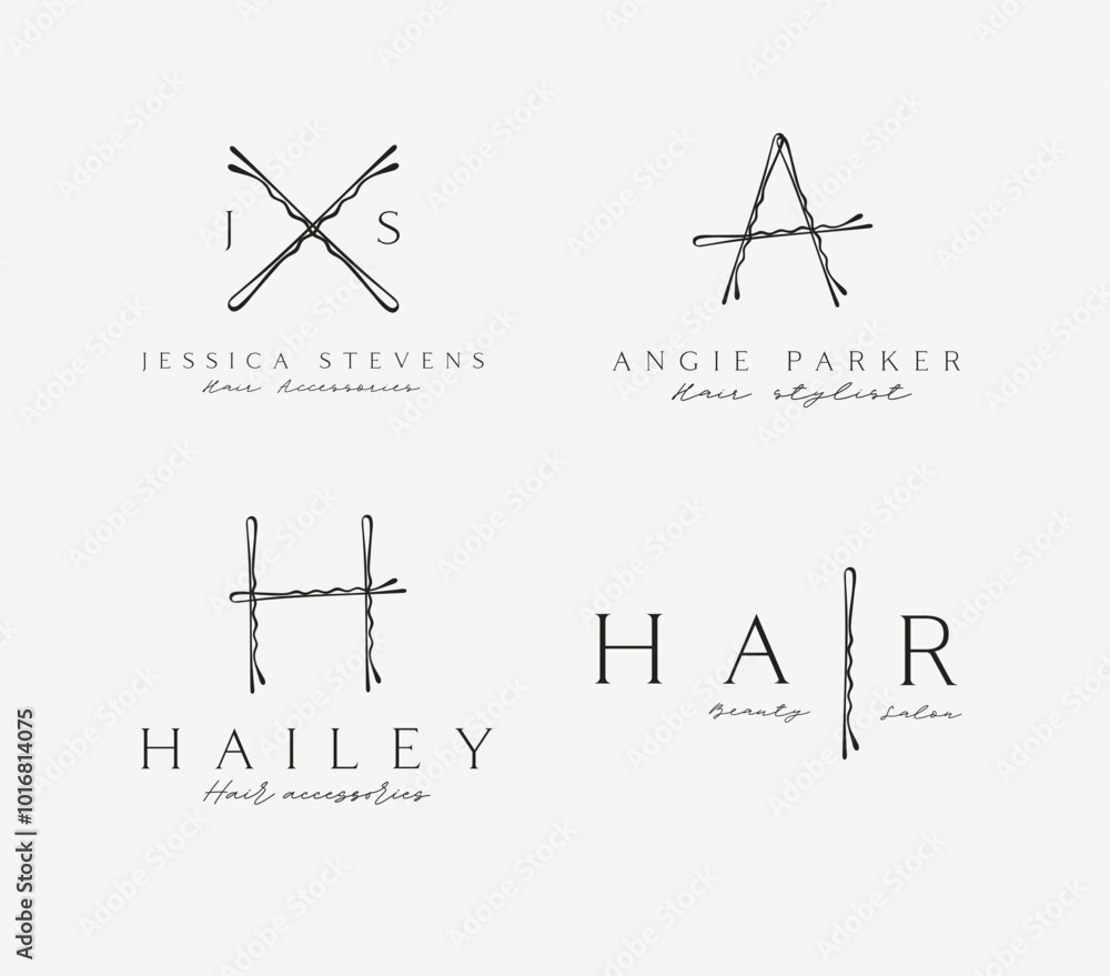 Bobby hair pins label with text collection of wave shaped hairpins in various positions drawing on light background