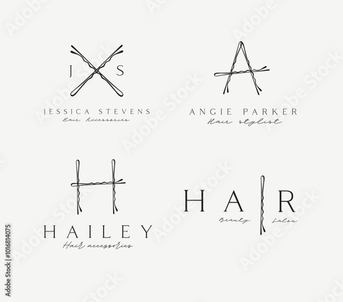 Bobby hair pins label with text collection of wave shaped hairpins in various positions drawing on light background