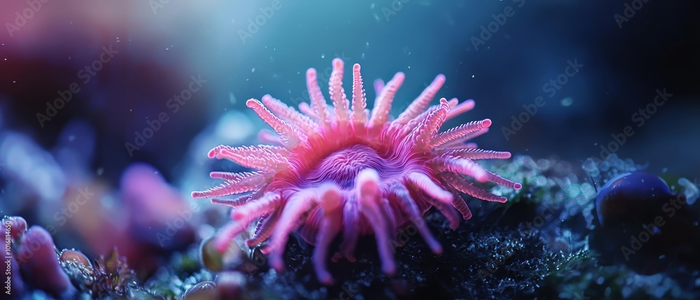 Fototapeta premium A tight shot of a pink sea anemone on a coral, surrounded by various corals and algae in the background