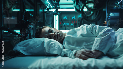 Futuristic medical bay with a patient sleeping. High-tech equipment and eerie lighting create a sci-fi atmosphere, suggesting advanced healthcare or cryogenic sleep photo