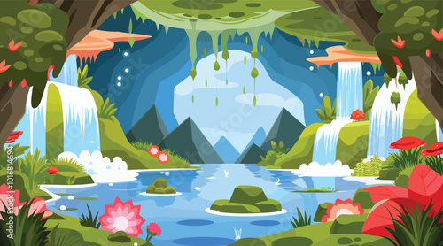 Enchanting fantasy landscape with waterfalls and lush flora