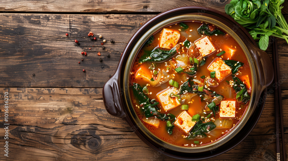 A flavorful bowl of hot Kimchi Jjigae soup filled with tofu, greens, and spices, served in a traditional ceramic bowl on a rustic wooden table. Perfect for spicy Korean cuisine lovers. A flavorful bowl of hot Kimchi Jjigae soup filled with tofu, greens, and spices, served in a traditional ceramic bowl on a rustic wooden table. Perfect for spicy Korean cuisine lovers.