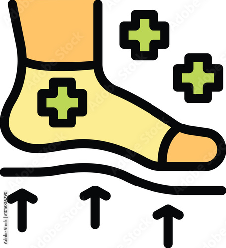 This color icon depicts a foot wearing a sock with medical crosses, stepping on an insole with arrows indicating upward support and breathability