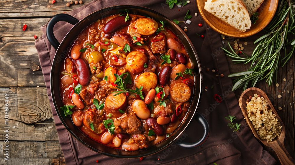 A large bowl of traditional Spanish Fabada stew made with beans, chorizo, and spices. Perfect for hearty meals and rich with the flavors of Spanish comfort food on a rustic wooden table. A large bowl of traditional Spanish Fabada stew made with beans, chorizo, and spices. Perfect for hearty meals and rich with the flavors of Spanish comfort food on a rustic wooden table.