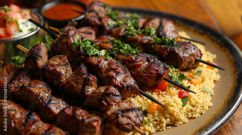 Juicy grilled Moroccan lamb kebabs served on couscous with fresh herbs. An ideal image for Moroccan cuisine promotions or Middle Eastern culinary displays. Juicy grilled Moroccan lamb kebabs served on couscous with fresh herbs. An ideal image for Moroccan cuisine promotions or Middle Eastern culinary displays.