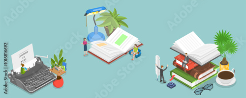 3D Isometric Flat Vector Illustration of Professional Writers, Showcasing Craft And Profession