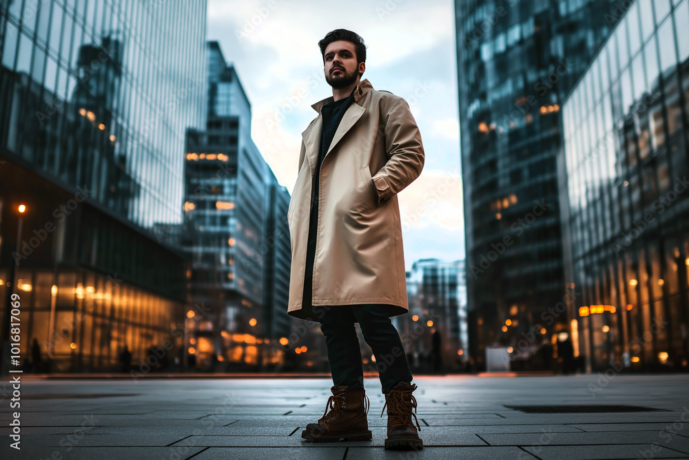 Man in a long oversized trench coat and bulky boots standing in a city square at dusk. Man in a long oversized trench coat and bulky boots standing in a city square at dusk.