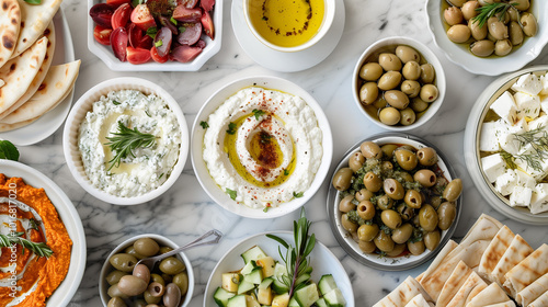 A vibrant Greek mezze spread featuring tzatziki, olives, feta cheese, and pita bread. Perfect for a Mediterranean feast and sharing. photo