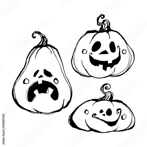 Halloween pumpkins set, doodle drawing, sketch style, black line on a white background