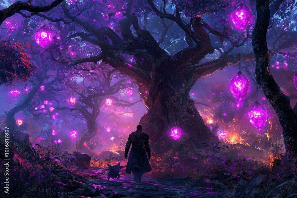A lone figure and a small creature walk through an enchanted forest lit by glowing purple orbs A lone figure and a small creature walk through an enchanted forest lit by glowing purple orbs