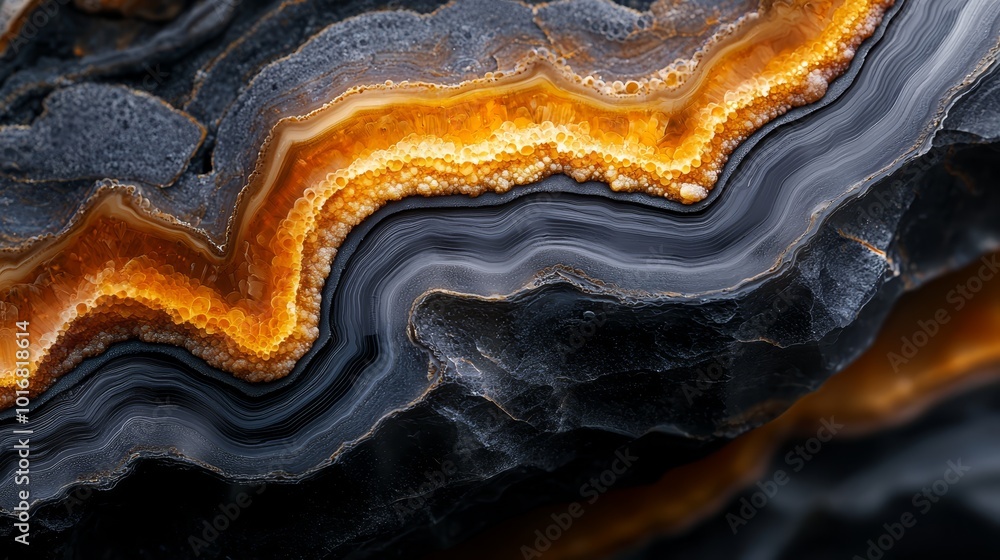 A tight shot of an artwork crafted from apparent black, yellow, and white marble A tight shot of an artwork crafted from apparent black, yellow, and white marble