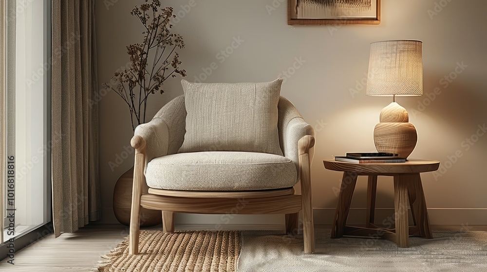 chair stands next to a wooden table and lamp. Cozy interior design chair stands next to a wooden table and lamp. Cozy interior design