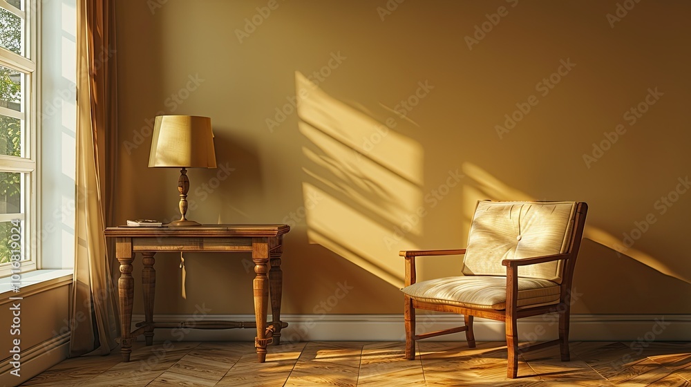 chair stands next to a wooden table and lamp. Cozy interior design chair stands next to a wooden table and lamp. Cozy interior design