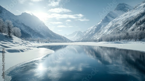 A Serene Mountain Lake in Winter with Snow Covered Peaks and a Partially Frozen Surface