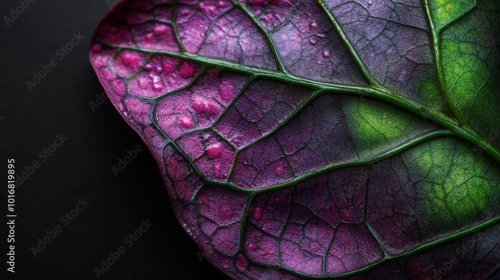 Fototapeta premium A purple-green leaf, closely framed, features water droplets on its surface against a black backdrop ..Or, for a more conc