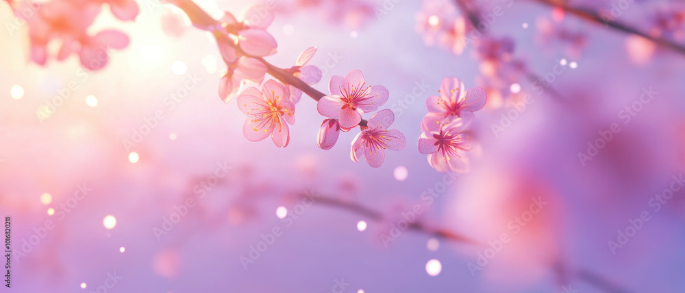 Fototapeta premium Cherry Blossom Serenity, a vibrant 3D rendering showcasing delicate cherry blossoms set against a stunning purple sky, evoking tranquility and beauty.