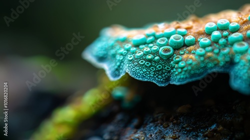  A tight shot of a green and brown sea anemone adhered to a rock, surrounded by additional anemones in the backdrop photo