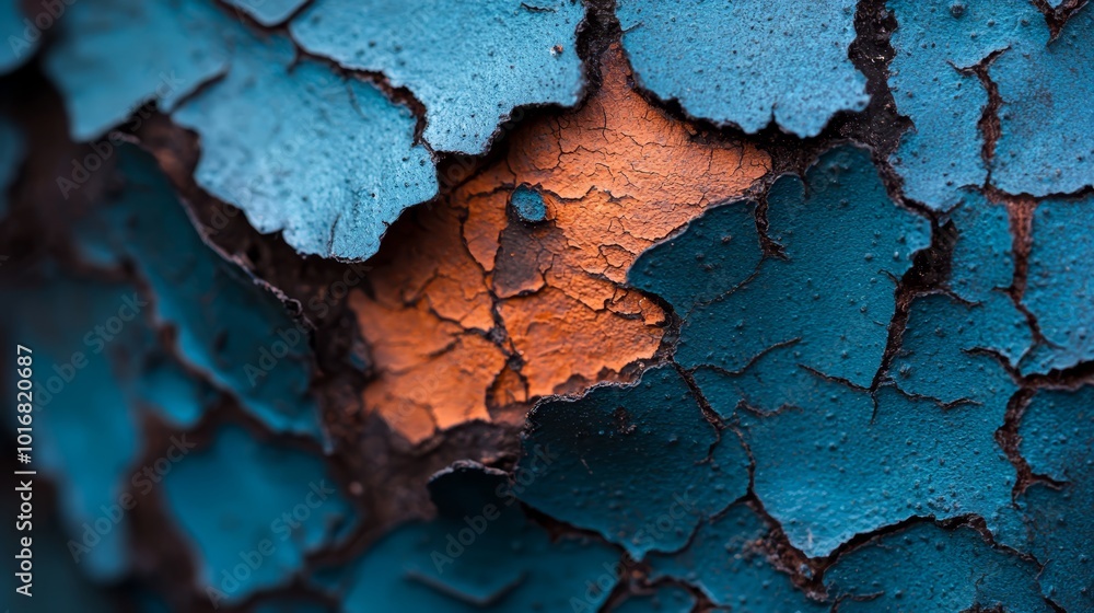 A tight shot of blue and orange paint smear on weathered wood, revealing underlying peeling layers A tight shot of blue and orange paint smear on weathered wood, revealing underlying peeling layers